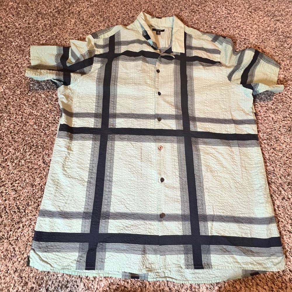Alfani Men XXL Mint Green Navy Plaid Seersucker Short Sleeve Button Up Shirt